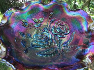 Imperial Open Rose Antique Carnival Art Glass Mid - Sized Ruffled Bowl Purple