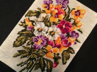 Vintage Hand Embroidered Tapestry Picture Pretty Pansies