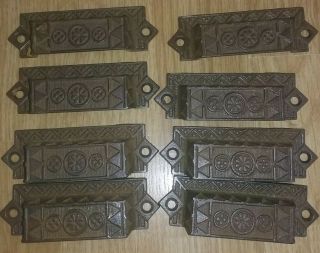 Set Of 8 Antique Cast Iron Drawer Bin Pulls 3” On Center
