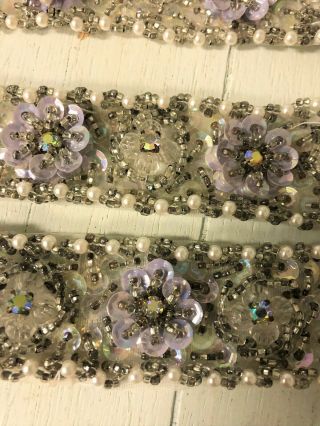 Antique Hand Beaded Glass Flower Ribbon Trim With Rhinestone & Celluloid Sequins