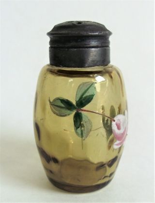 England Antique Amber Barrel Enamel Roses Victorian Eapg Glass Salt Shaker