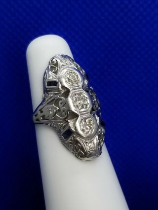 Antique Art Deco Diamond 3 Stone Ring.  80ctw Platinum Filigree Sapphires Sz 3.  5