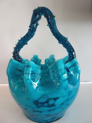 Antique Mt.  Washington Glass Indigo Blue Thorn Handle Spatter Basket Candy Bowl
