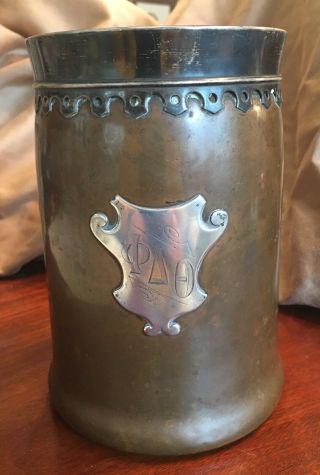 Antique Phi Delta Theta Fraternity Copper Sterling Silver Stein Loving Cup Vase