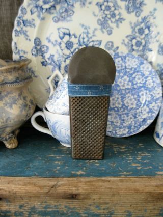 Early Antique Dark Tin Nutmeg Grater Wrapped W Antique Blue Calico