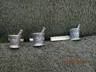 Antique Brass Mortar & Pestle Cuff Link & Tie Clip Set