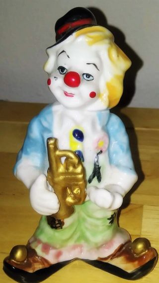 Ceramic Vintage Antique Clown Figurine Statue 5 1/2 " H Hand Painted French Horn