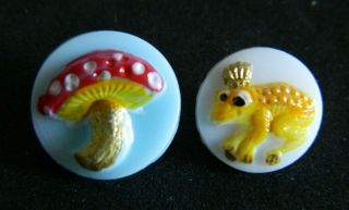 2 Vintage Glass Kiddie/childrens Buttons W A Toad/frog & A Toad Stool