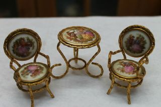Vintage 3pc Set Of French Limoges Porcelain And Wire Doll Furniture