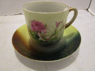 Antique Porcelain Germany G H Bavaria Mustache Mug Cup & Saucer Floral 2 Piece