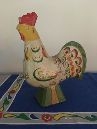 Antique White & Green Swedish Dala Rooster Chicken Carved Wood Painted Large
