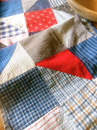 Antique Primitive Calico Fabric Long Patchwork Quilt Pc.  4 Indigo Blue Red