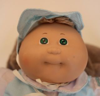 Vintage Cabbage Patch Doll Baby Green Eyes Blue And White Check Clothes 14 " 1985