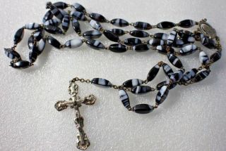 Old Antique Vintage Rosary Necklace W Black & White Striped Agate Beads 1940 