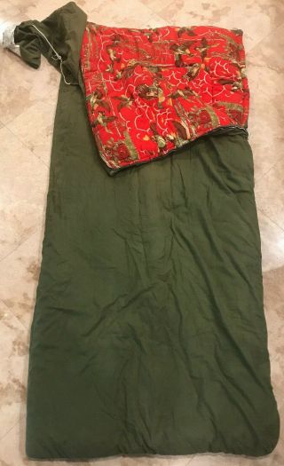 Vintage Coleman Sleeping Bag Green Flannel Duck Hunting Scene W/ Carrying Sleeve