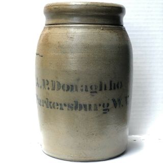 Antique West Virginia A.  P.  Donaghho Stencil Stoneware Pottery Salt Glaze Crock