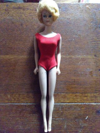 Vintage Bubble Cut Barbie With Blonde Hair,  One Earring,  And Red Swimsuit