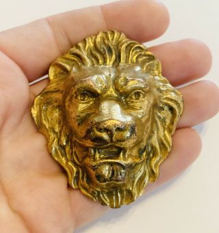 Vintage Unsigned Gilded Antiqued Gold Tone Lion Head Brooch/pendant Heavy 2 1/2”