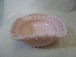 Antique Fostoria Glossy Pink Milk Glass Open Lace Candy Bowl Dish
