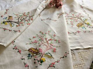 Vintage Linen Large Hand Embroidered Tablecloth Blossom Trees Cottage & Garden