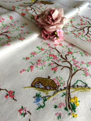 VINTAGE LINEN Large HAND EMBROIDERED TABLECLOTH BLOSSOM TREES COTTAGE & GARDEN 7