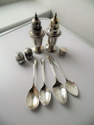 Vintage 925 Solid Silver Spoons Salt & Pepper Pots & Pill Box Scrap / Use