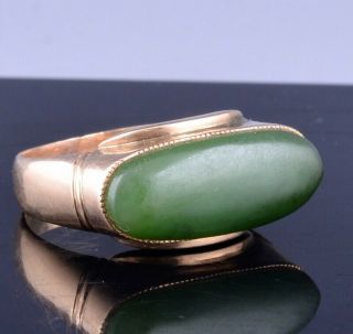 Fine Antique Chinese 14k Orange Gold & Spinach Jade Mens Saddle Ring