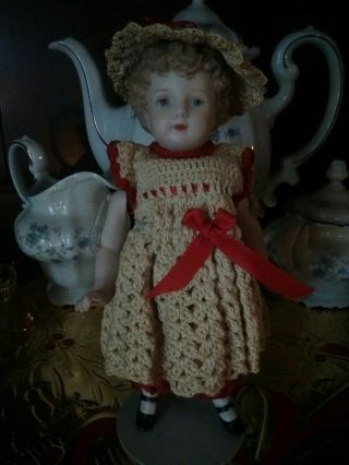 Antique Vintage All Bisque Doll With Pretty Hand Crocheted Outfit