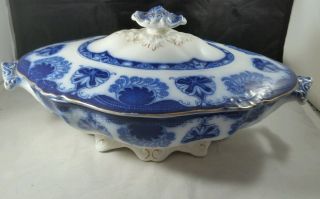 Antique W H Grindley Baltic Pattern Flow Blue Oval 12 Inch Covered Vegetable Dis