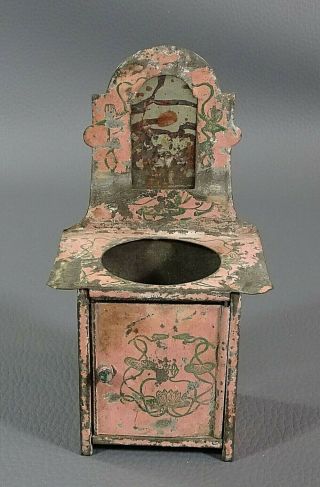 Antique German Dollhouse Miniature Doll Tin Toy Washstand Sink Cabinet Parlor