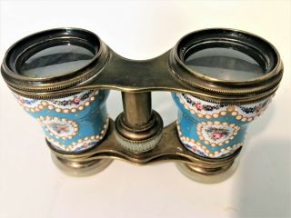 Antique S.  O.  M.  Co York MOP & ENAMEL Flower Deco Brass Opera Glasses 3