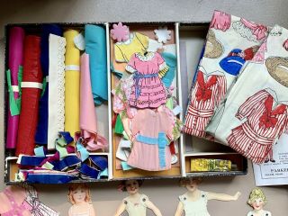 1917 PARKER BROS.  ' IMPROVED PAPER DOLL OUTFIT ' w/ORIGINAL BOX 3 DOLLS SOME UNCUT 4