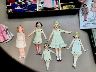 1917 PARKER BROS.  ' IMPROVED PAPER DOLL OUTFIT ' w/ORIGINAL BOX 3 DOLLS SOME UNCUT 5