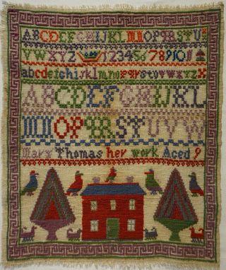 Mid /late 19th Century Red House & Alphabet Sampler By Mary Thomas Aged 9 C.  1880