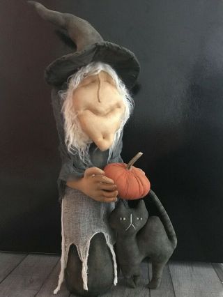 Primitive Handmade Old Krone And Her Black Cat Witch Doll Halloween 27.  5 "