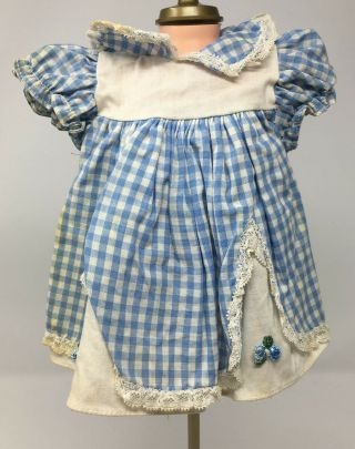 Vintage Blue & White Checkered Doll Dress With Appliques 7 1/2 " Long