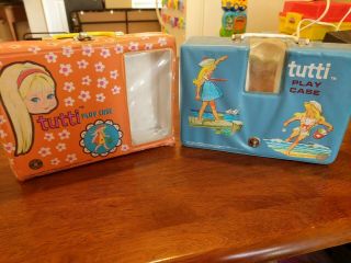 2 Vintage Barbie 1965 Tutti Doll Play Cases.  Orange & Blue Mattel Sister