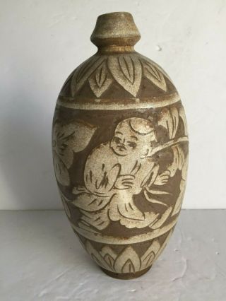 Vintage Carved Chinese Pottery Ceramic Vase Foliage Young Boy Walking 20thc