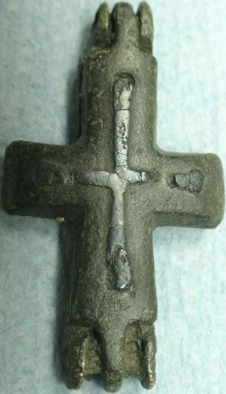 Byzantine Bronze Reliquary Cross Pendant W/ Niello Inlay