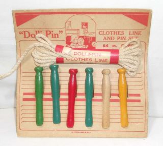 Vintage Doll Clothes Line & Wooden Clothespin Set " Dolli - Pin " Package