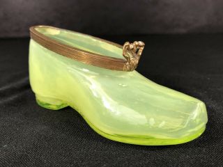 Antique Victorian Vaseline Opalescent Shoe/slipper Gold Metal Rim Uranium Glass
