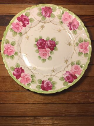 Antique Nippon Hand Painted Plate Roses Raised Beadwork Pink Green Pastel