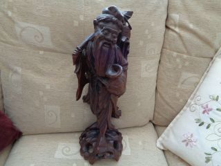 Antique Chinese Carved Hardwood Wooden Fisherman,  17 Inches High