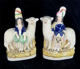N747 Pair Antique Staffordshire Pottery Figures Figurines Scottish Sheep C