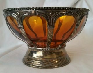 Compote Centerpiece Bowl Art Deco Tarnished Silver Amber Glass