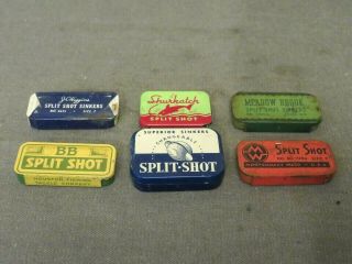 Six Assorted Split Shot Tins,  Shurkatch,  Superior,  J.  C.  Higgins,  Houston,  Etc.