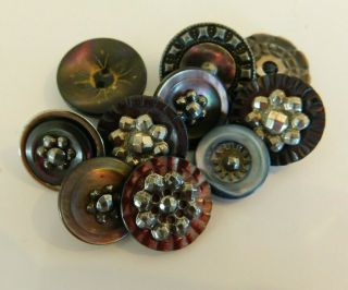 Small Antique Collectible Metal And Shell Buttons Iridescent Dyed Cut Steels