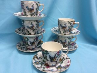 ANTIQUE ROYAL TUDOR WARE set of 6 teacups/saucers Lorna Doone bluebirds England 2