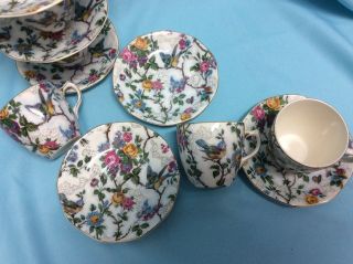 ANTIQUE ROYAL TUDOR WARE set of 6 teacups/saucers Lorna Doone bluebirds England 4