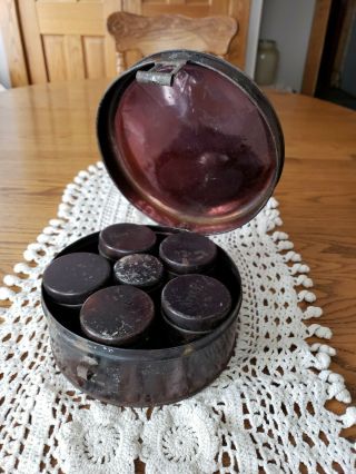 Antique Primitive Round Lidded Hingedspice Tin Box Round 1 Lg 6 Sm.  Containers
